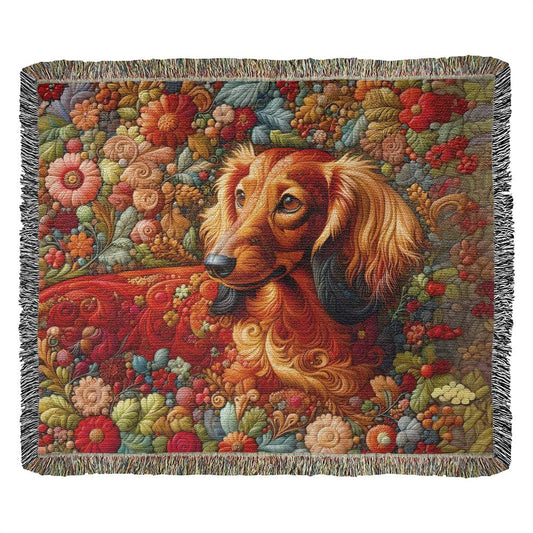 "Red Threads" Red Long-Haired Dachshund Floral Embroidery Inspired Woven Blanket