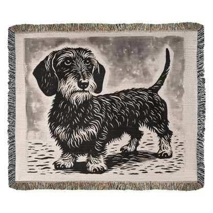 "Puppy Eyes" Wire-Haired Dachshund Black & Gray Linocut Woven Blanket