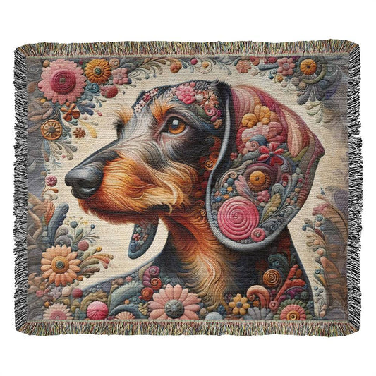 "Blooming" Wire-Haired Dachshund Floral Embroidery Inspired Woven Blanket