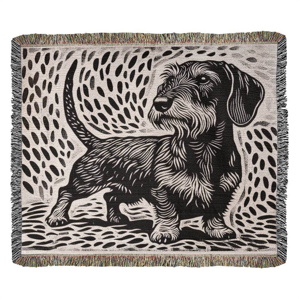 "Proud" Wire-Haired Dachshund Black & White Linocut Woven Blanket