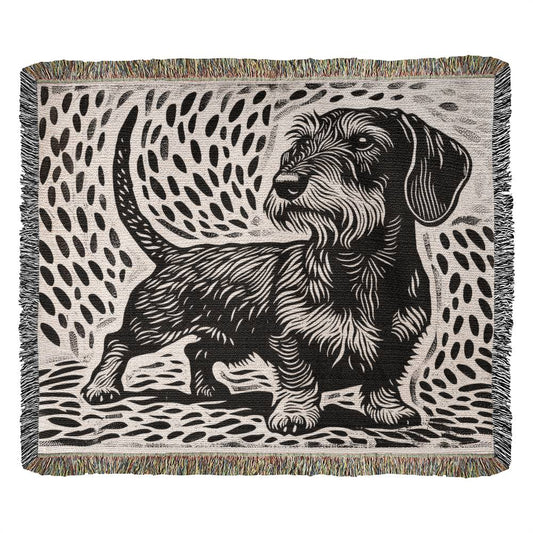 "Proud" Wire-Haired Dachshund Black & White Linocut Woven Blanket