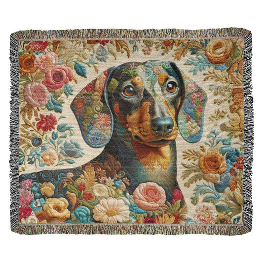 "Crafted" Black & Tan Smooth-Haired Dachshund Colorful Embroidery Inspired Woven Blanket