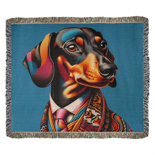 "Dapper Doxie" Black & Tan Smooth-Haired Dachshund Artistic Inspired Woven Blanket