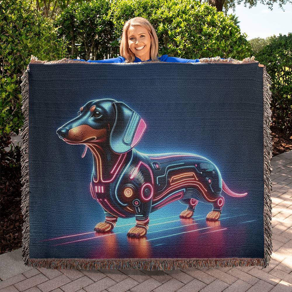 "Robo Rover" Black & Tan Smooth-Haired Dachshund Sci-Fi Inspired Woven Blanket