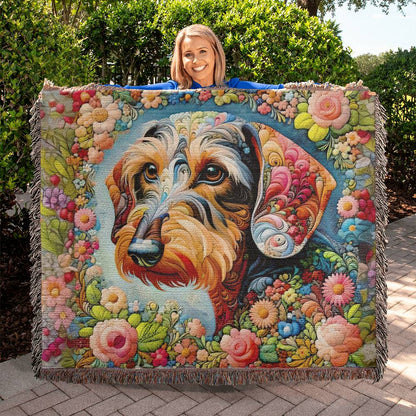 "Wired Flowers" Wire-Haired Dachshund Colorful Floral Embroidery Inspired Woven Blanket