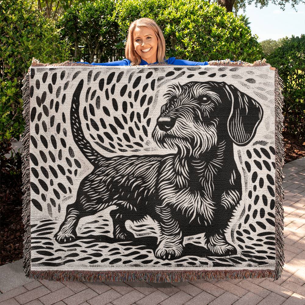 "Proud" Wire-Haired Dachshund Black & White Linocut Woven Blanket