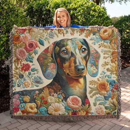 "Crafted" Black & Tan Smooth-Haired Dachshund Colorful Embroidery Inspired Woven Blanket