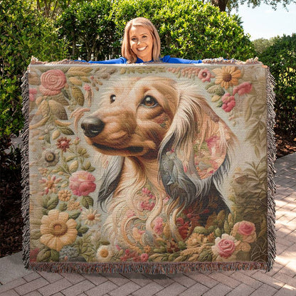 "Threaded Dreams" Cream-Colored Long-Haired Dachshund Green Embroidery Inspired Woven Blanket