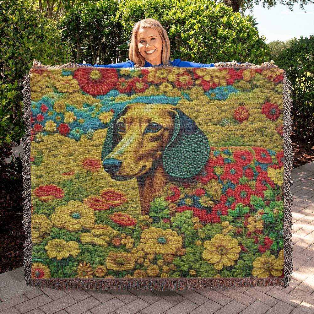 "I am SEW a flower!" Tan Smooth-Haired Dachshund Floral Embroidery Inspired Woven Blanket