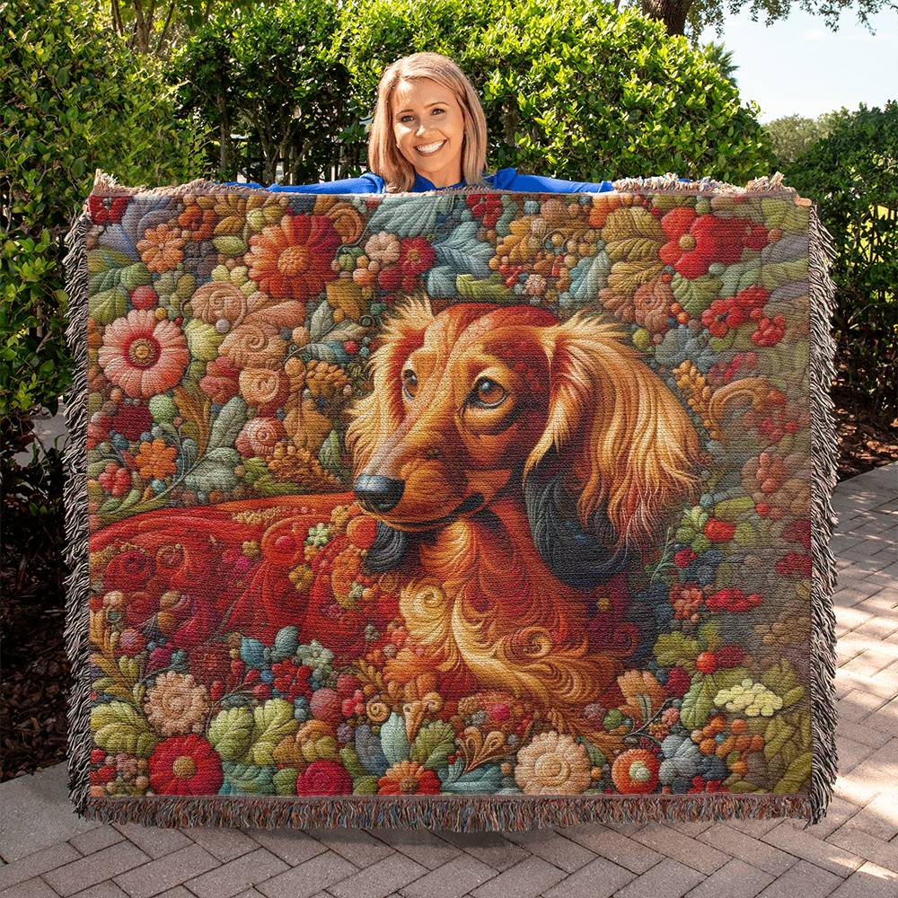 "Red Threads" Red Long-Haired Dachshund Floral Embroidery Inspired Woven Blanket