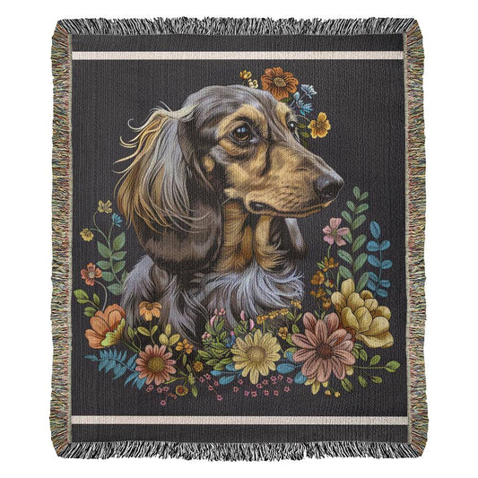 "Sweater Weather" Long-Haired Dachshund Autumn Inspired Woven Blanket