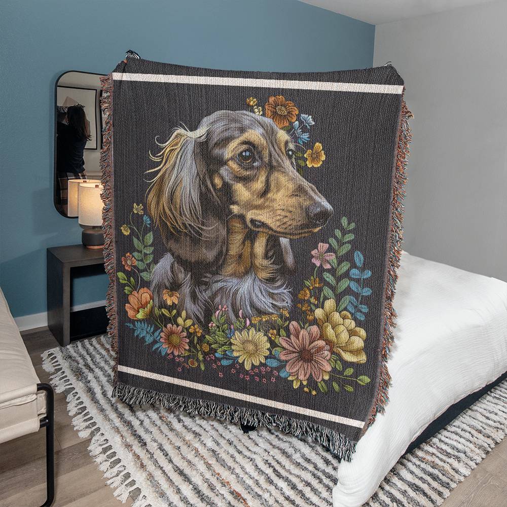 "Sweater Weather" Long-Haired Dachshund Autumn Inspired Woven Blanket