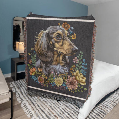 "Sweater Weather" Long-Haired Dachshund Autumn Inspired Woven Blanket