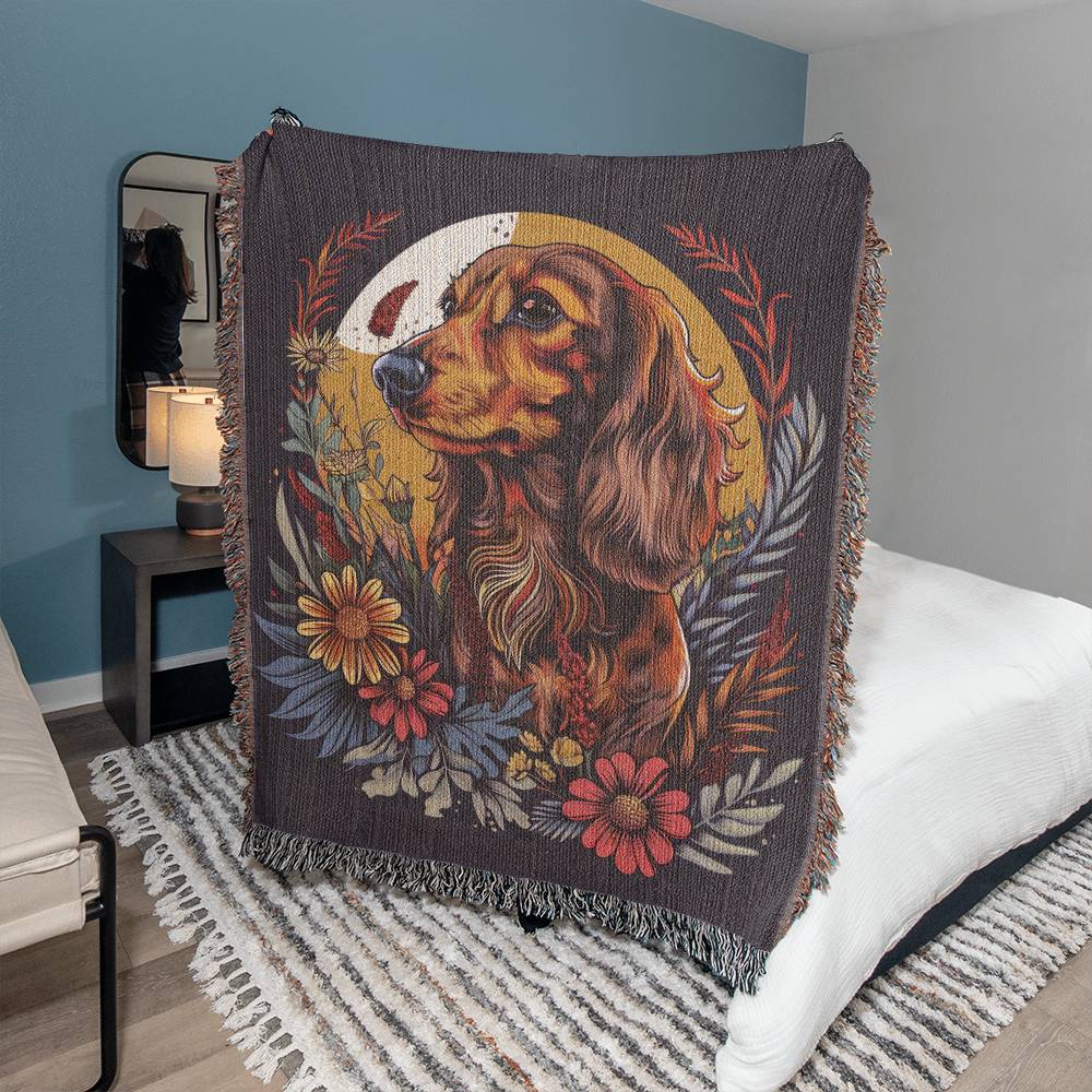 "Amber Red" Long-Haired Dachshund Autumn Inspired Woven Blanket