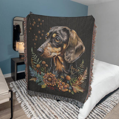 "Chocolate" Smooth-Haired Dachshund Autumn Inspired Woven Blanket