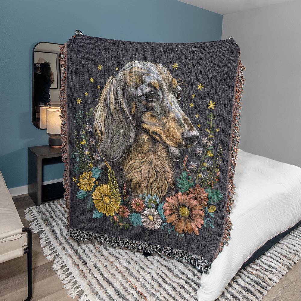 "Spiced" Long-Haired Dachshund Autumn Inspired Woven Blanket