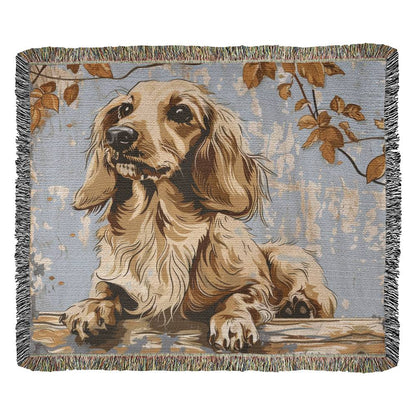 "Golden Leaves" Cream-Colored Long-Haired Dachshund Autumn Inspired Woven Blanket