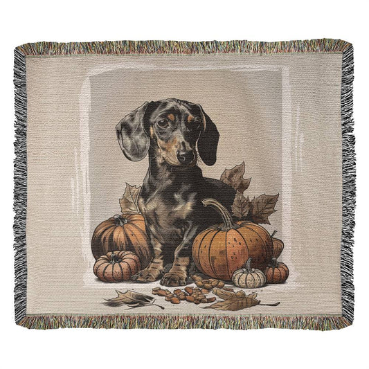 "Crisp" Black & Tan Smooth-Haired Dachshund Autumn Inspired Woven Blanket