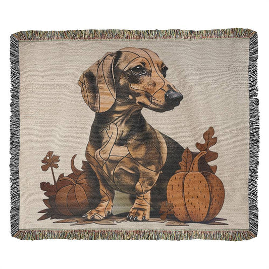 "Gourds" Tan Smooth-Haired Dachshund Autumn Inspired Woven Blanket