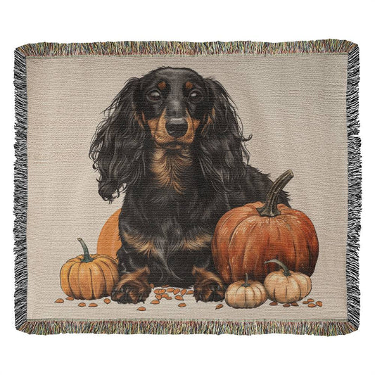 "Pumpkin Spice" Black & Tan Long-Haired Dachshund Autumn Inspired Woven Blanket