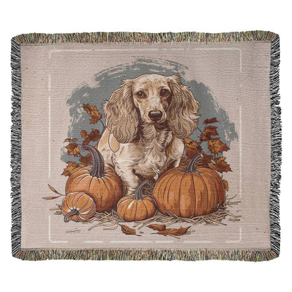 "Pumpkin Pie" Cream-Colored Long-Haired Dachshund Autumn Inspired Woven Blanket