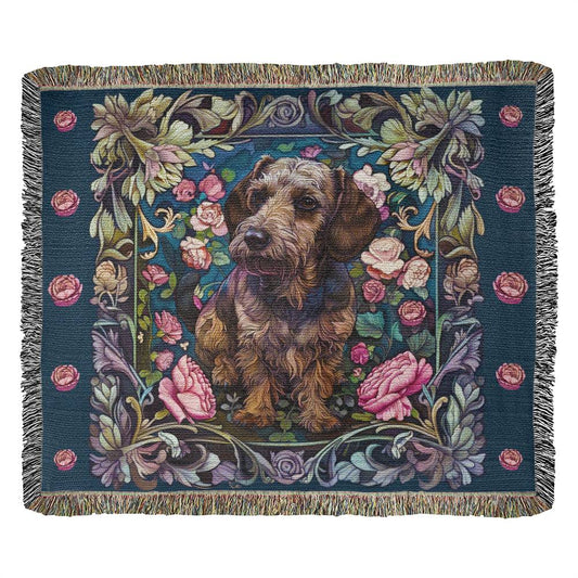 "Coming Up Roses" Wire Haired Dachshund Floral Embroidery Inspired Woven Blanket