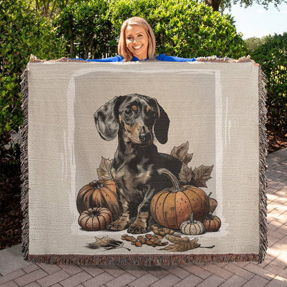 "Crisp" Black & Tan Smooth-Haired Dachshund Autumn Inspired Woven Blanket