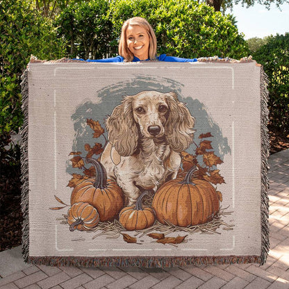 "Pumpkin Pie" Cream-Colored Long-Haired Dachshund Autumn Inspired Woven Blanket