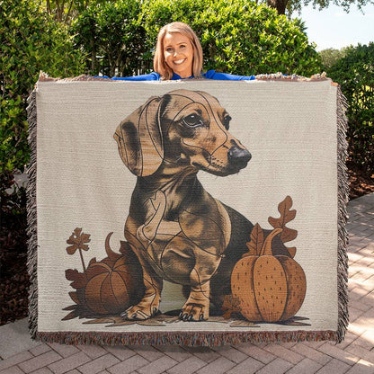 "Gourds" Tan Smooth-Haired Dachshund Autumn Inspired Woven Blanket