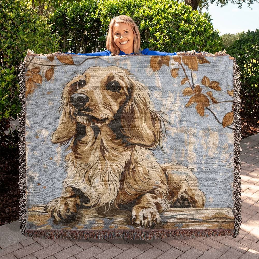 "Golden Leaves" Cream-Colored Long-Haired Dachshund Autumn Inspired Woven Blanket