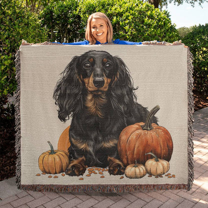 "Pumpkin Spice" Black & Tan Long-Haired Dachshund Autumn Inspired Woven Blanket