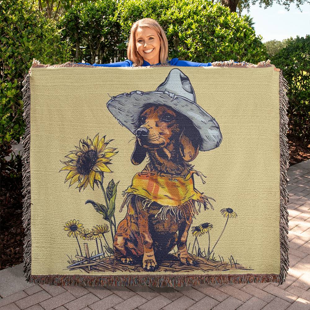 "Sunflowers" Tan Smooth-Haired Dachshund Autumn Inspired Woven Blanket