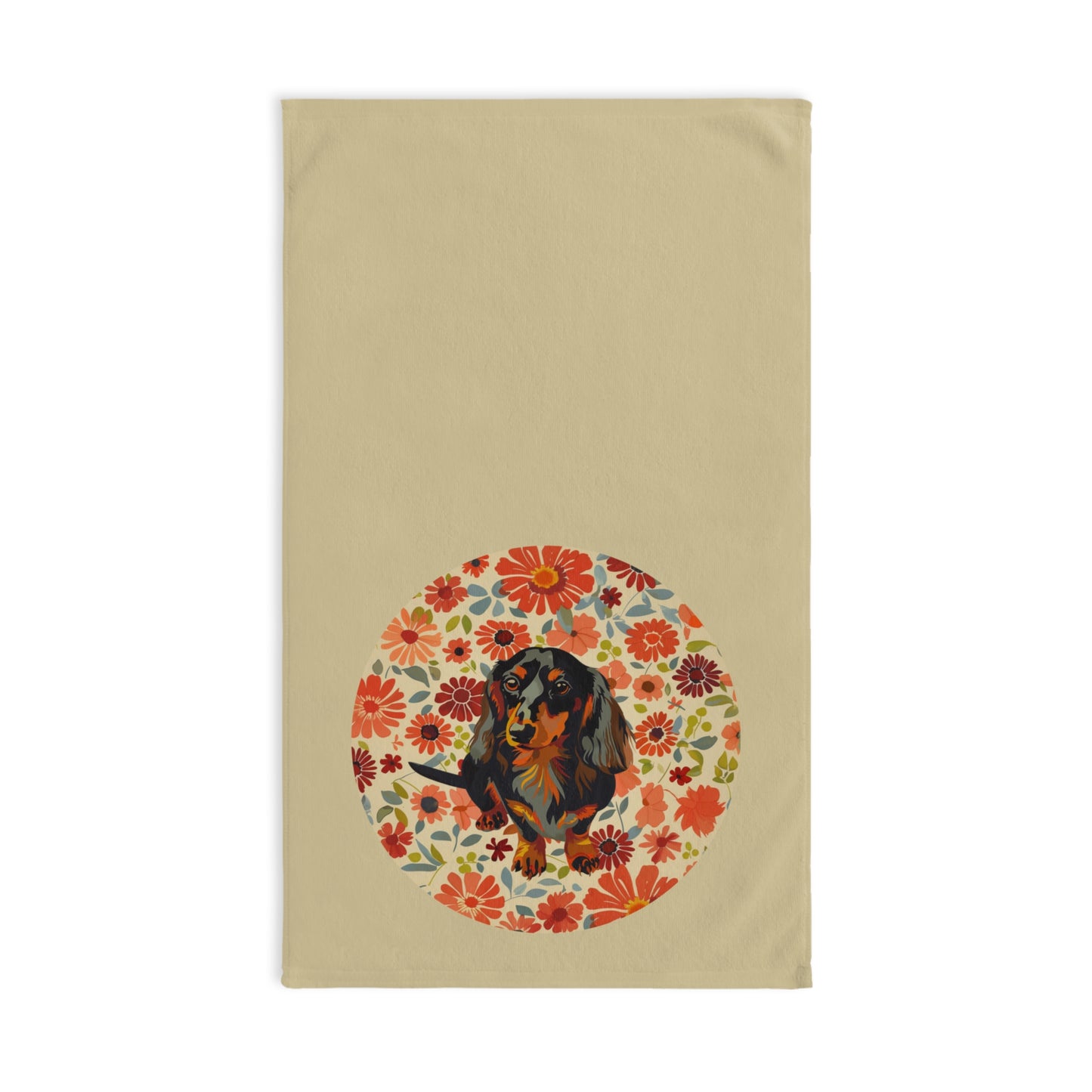 "Bouquet" Black & Tan Long-Haired Dachshund Tan Hand Towel Set