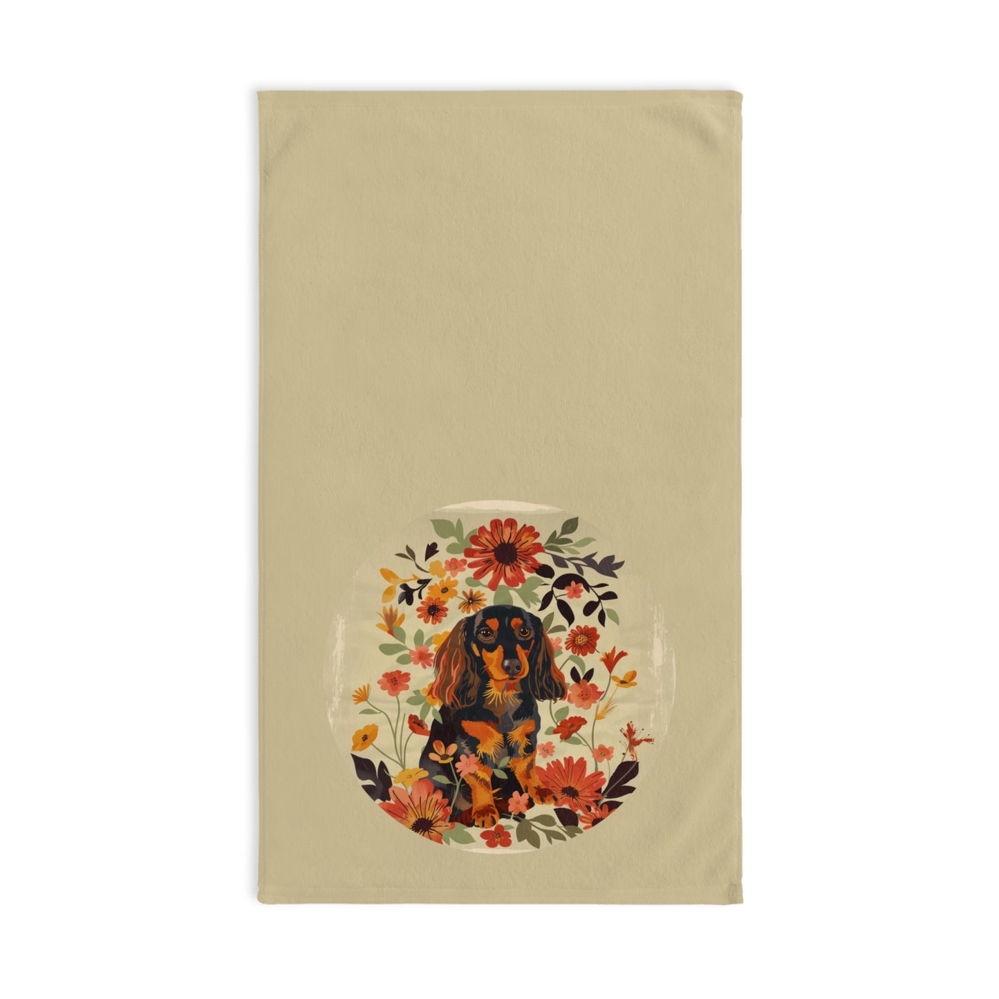 "Bouquet" Black & Tan Long-Haired Dachshund Tan Hand Towel Set