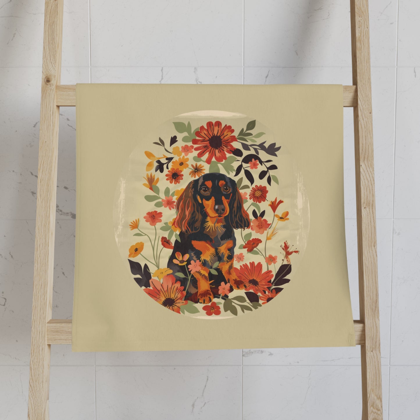 "Bouquet" Black & Tan Long-Haired Dachshund Tan Hand Towel Set