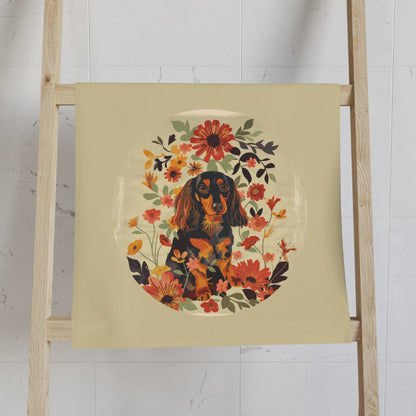 "Bouquet" Black & Tan Long-Haired Dachshund Tan Hand Towel Set