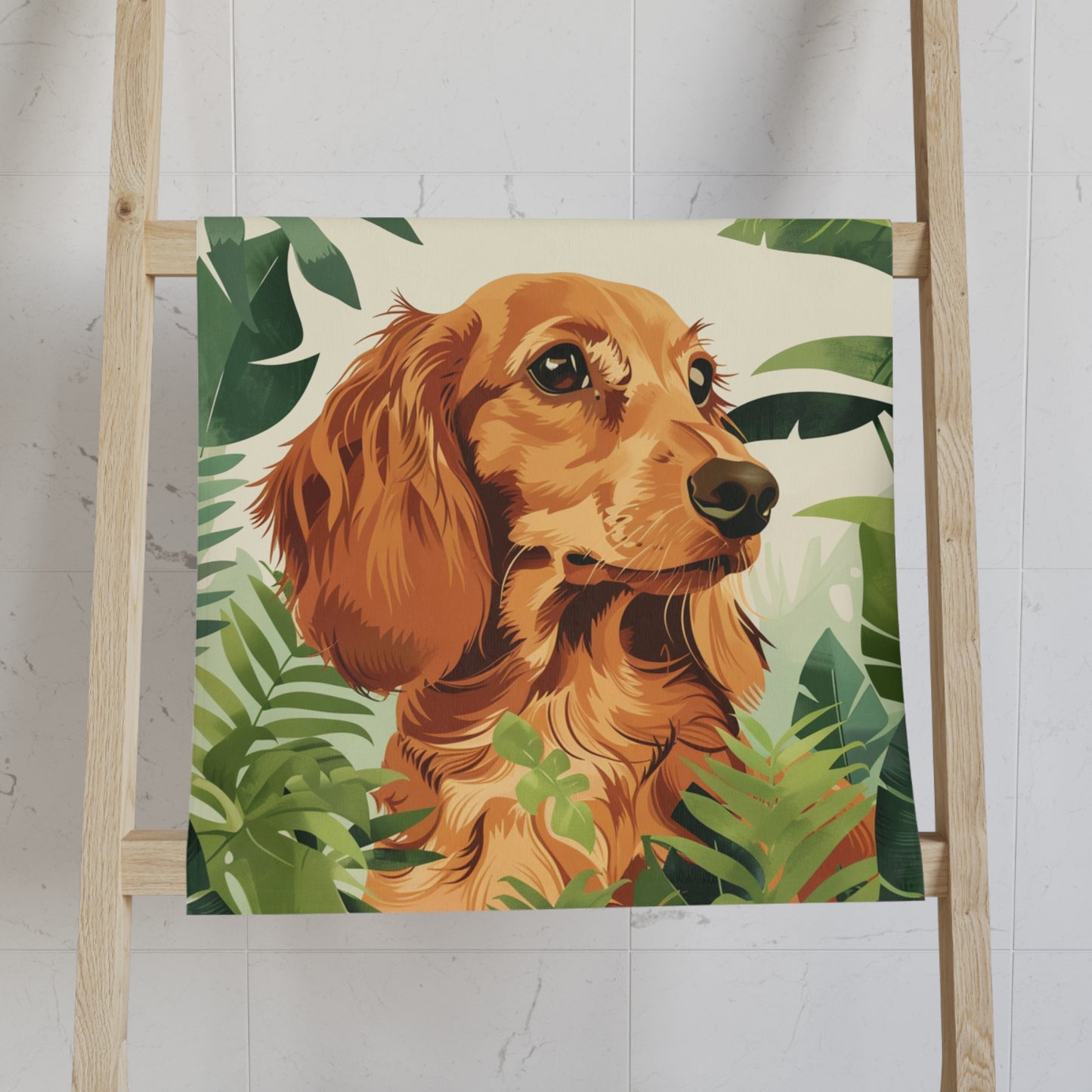 "Among The Ferns" Cream/Red-Colored Long-Haired Dachshund Towel Set