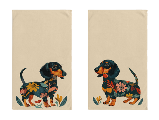 "Fresh" Black & Tan Smooth-Haired Dachshund Tan Floral Towel Set