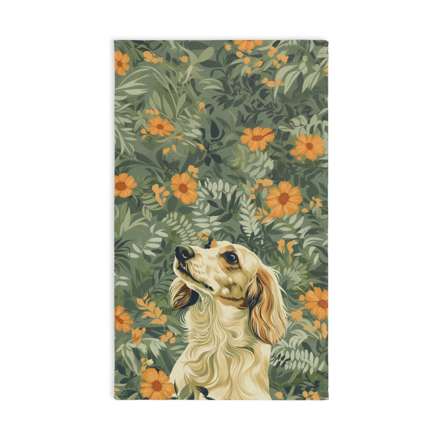 "Wild Flowers" Cream-Colored Long-Haired Dachshund Green Towel Set