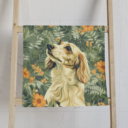 "Wild Flowers" Cream-Colored Long-Haired Dachshund Green Towel Set