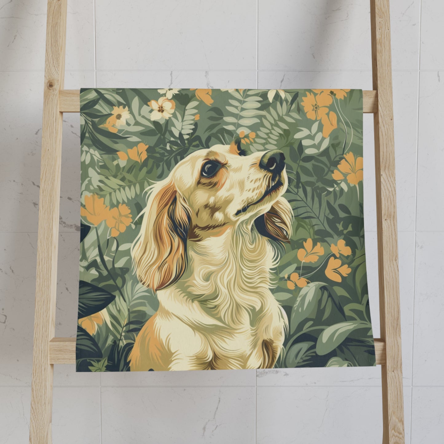"Wild Flowers" Cream-Colored Long-Haired Dachshund Green Towel Set